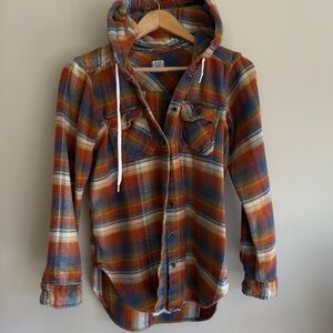 KAVU Plaid Flannel Shirt Women’s Size Small | Rust Blue Hooded Button-Up